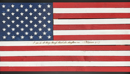 Wooden American Flag inscribed with "Philippians 4:13"